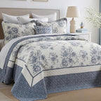 DDUOXIN Botanical Super Oversized King Bedspread - 128" W x120 L Extra Wide 100% Cotton California Quilt, Lightweight Reversible Oversize Bedspreads with 2 Pillow Shams, Blue/Cream