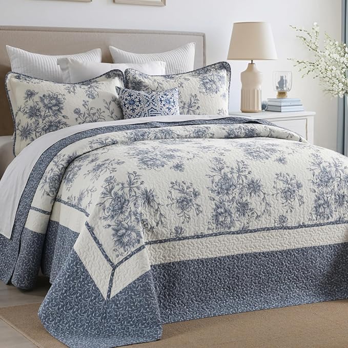 DDUOXIN Botanical Oversized King Bedspread - 120" W x120 L Extra Wide 100% Cotton California Quilt, Lightweight Reversible Oversize Bedspreads with 2 Pillow Shams, Blue/Cream