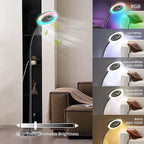 Pedestal Fan for Bedroom, Floor Lamp with Fan RGB 18w/1500lm, 3-Speed Stand Fan Stepless Adjustable 3000K-6000K Color and Dimmer, Remote and Button Control, Adjustable Gooseneck Gloor Lamp (Black)