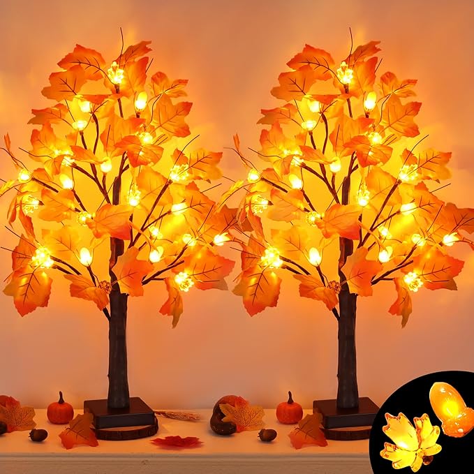2 Pack 24 Inch Prelit Fall Maple Tree Fall Decor with 48 LED Timer Battery Operated Artificial Fall Light Up Tree Pumpkin Maple Acorn for Fall Thanksgiving Decorations Table Home Indoor Autumn Harvest