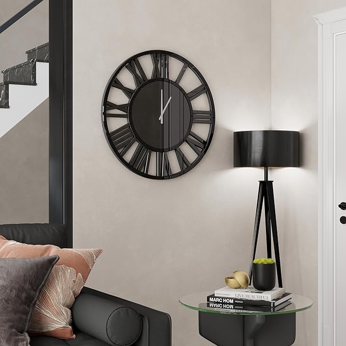 SHYFOY Large Wall Clock - 23.6" Modern Black Wall Clock with Roman Numerals, Decorative Wall Clocks for Living Room, Bedroom, Office - Easy to Hang, Silent Non-Ticking