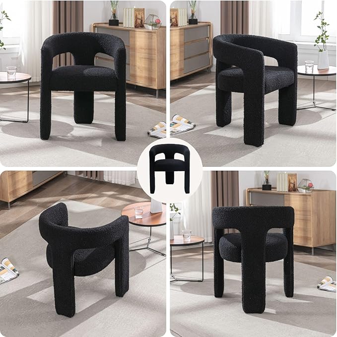 Black Sherpa Dining Chairs Set of 6, Modern Barrel Dining Room Chairs Upholstered Faux Fur Accent Chair with Arms and Round Back for Living Room Kitchen Armchair No Assembly Needed