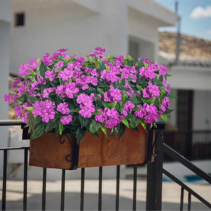 Artificial Impatiens Bouquet Flowers for Outdoors Silk Faux Flowers for Outdoor Impatiens Plants Decor Indoor Planters Kitchen Planters and Balcony Decorations 4PCS (Purple)
