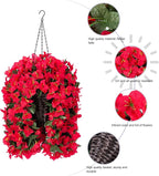 Artificial Bougainvillea Faux Flowers Plants Baskets for Outdoor Outside Summer Decoration, 3 PCS Fake Silk Long Hanging Vines UV Resistant Realistic for Front Door Porch Patio Balcony Yard, Red