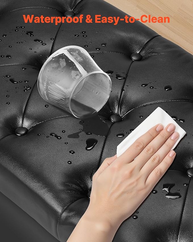 VEVOR Button-Tufted Storage Ottoman Bench, Rolled Arm PU Leather Bench with Solid Wood Legs, Modern Shoe Benches Seat for Entryway, Upholstered End of Bed Benches for Living Room, Dining Room, Black