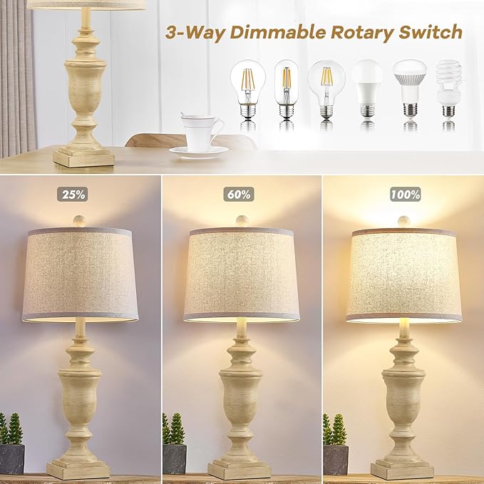 27.5" Vintage Farmhouse Table Lamps Set of 2 Bedside Lamp, 3 Way Dimmable Bedroom Lamps with 2 USB Ports +AC Outlet Touch Nightstand Lamp Rustic Lamp (Rotary-Antique Beige)