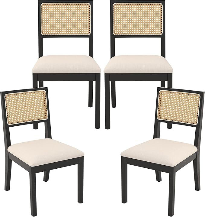 Westice Rattan Dining Chairs Set of 4, Farmhouse Natural Dining Room Chairs with Upholstered Cushion, Wood Armless Chairs for Kitchen/Restaurant, Black