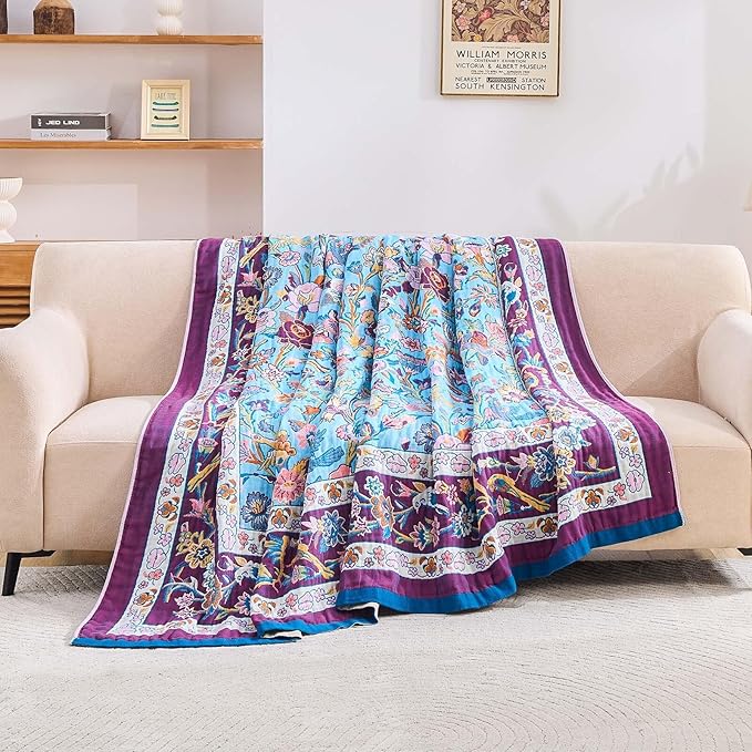 Fall Blanket for Bed, 100% Cotton Soft Rustic Boho Throw Blanket Quilt, 60"x80" Farmhouse Decor Bed Flower Blankets, Light Weight Reversible Bohemian Throw Quilt