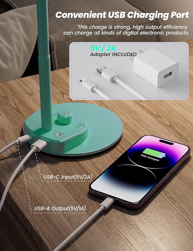 BOHON LED Desk Lamp with USB Charging Port, 3 Color Modes Fully Dimmable Reading Lamp, Auto Dimming Task Lamp, Flexible Gooseneck Table Light for Office Dorm Bedside, Adapter Include, Teal