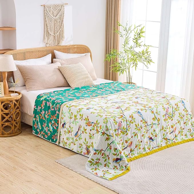 Boho Throw Blanket for Bed, 100% Cotton Soft Rustic Quilt Fall Blanket, 90"x98" Floral Printed Farmhouse Decor Bed Blankets, All Season Rustic Reversible Bohemian Throw Quilt