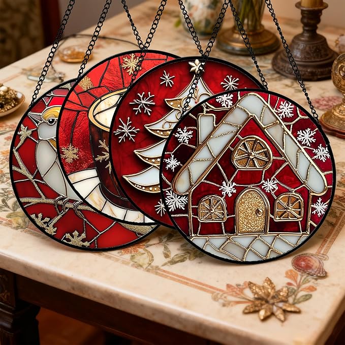 Stained Glass Window Hanging 4 Pcs Set Red Christmas Themed Decorations 6.3" - Suncatcher Door Garden Sun Catcher Decor Birthday New Year for Mom Woman Nana Men