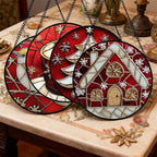 Stained Glass Window Hanging 4 Pcs Set Red Christmas Themed Decorations 9.8" - Suncatcher Door Garden Sun Catcher Decor Birthday New Year for Mom Woman Nana Men