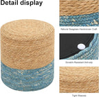 Pouf Ottomans, Handwoven Natural Straw Footstool, Round Braided Outdoor Patio Stool with Wood Frame, Boho Decor Accent Seat Balcony, or Garden (Blue)