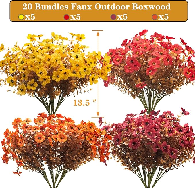 20 Bundles UV Resistant Artificial Fall Flowers for Outdoor - No Maintenance Thanksgiving Decor with Orange Blooms, Faux Silk & Plastic Plants for Porch, Yard (Fall Coffee Mix)