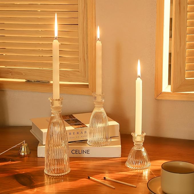 Vertical Stripe Candlestick Holders Set of 3, Premium Glass Candle Holders for Candlesticks and Taper Candles, Vintage Candle Holder Decor for Table Centerpiece, Clear