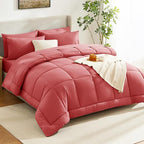 CozyLux Full Size Comforter Sets Coral, 7 Pieces Bed in a Bag, Coral Comforter Full Size, All Season Bedding Sets with Stitch Quilted Comforter, Flat Sheet, Fitted Sheet, Pillowcases