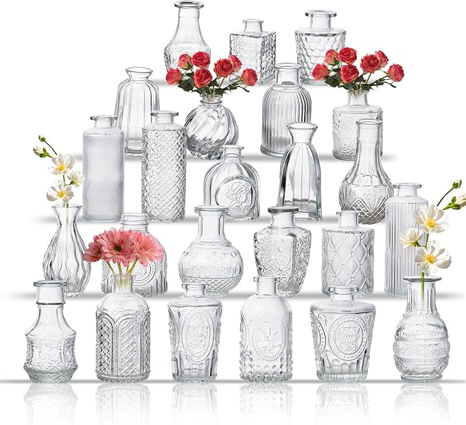 Glass Bud Vase Set of 24, Small Flower Vases, Glass Vases for Centerpieces, Vintage Home Table Decorations Bud Vases (24 Pcs, Clear)