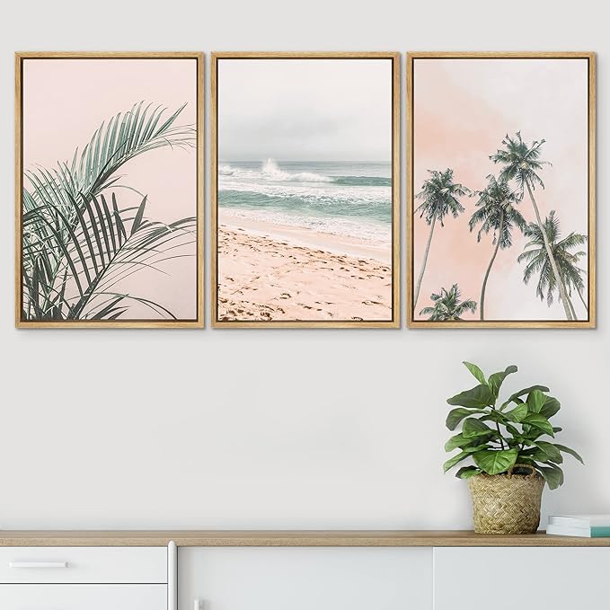 SIGNWIN Framed Canvas Print Wall Art Set Tropical Palm Leaf Beach Ocean Shore Landscape Nature Wilderness Modern Art Realism Decorative for Living Room, Bedroom, Office - 24"x36"x3 Natural
