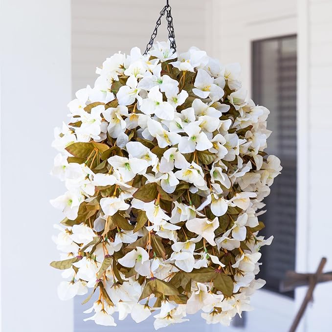 Bougainvillea Artificial Fall Flowers Fake Plants for Outdoors Autumn Decoration, 3PCS Faux Silk Hanging Trailing Vines with Baskets UV Resistant Realistic for Front Door Patio Balcony, Fall White