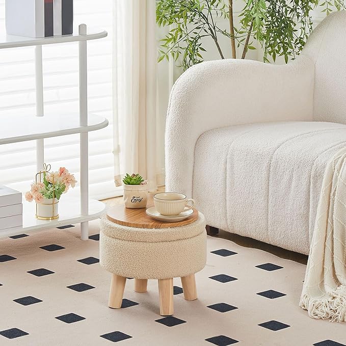 Wimarsbon Storage Ottoman, Modern Round Footrest with Soft Padded Seat, Teddy Velvet Footstool with Wood Legs, Accent Small Table or Plant Stand for Hallway, Living Room (Off-White)