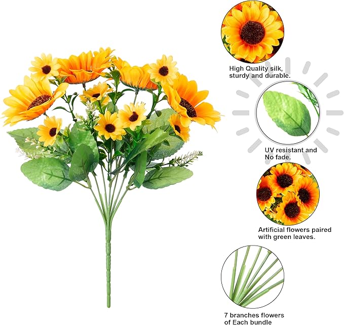 Sunflowers Artificial Flowers, 10 Bunches Fake Sunflower Artificial Flowers for Outdoors Fall Autumn Decoration Look Real UV Resistant Fake Flowers for Home Porch Garden Wedding Party Office Indoor