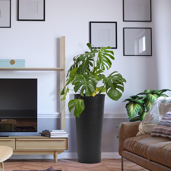 Worth Garden 2-Pack 28" H. Metal Planter with 2X Inside Pots - Hand-Hammered Texture Tall Narrow Tapered Plant Pots - Large Handcrafted Flower Pot for Indoor Outdoor, Deck, Patio, Front Porch (Black)