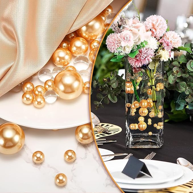 200 PCS Golden Yellow Vase Fillers, Gold Yellow Vase Filler Beads for Centerpieces Vases, 10/14/20 MM Fake Beads Pearls for Vases, Gold Yellow Pearls for Vase Filler, Floating Vase Fillers Decor