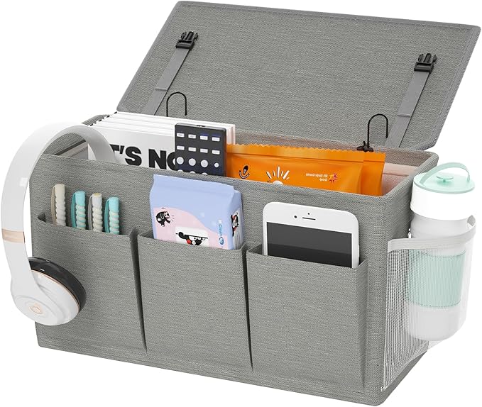 Dual-purpose Bedside Caddy Bedside Organizer, Bed Caddy with 6 Pockets, Versatile Bedside Storage Solution Magazine Remotes holder, ideal for Home, Dorm, Hospital, Crib Bed (Grey)
