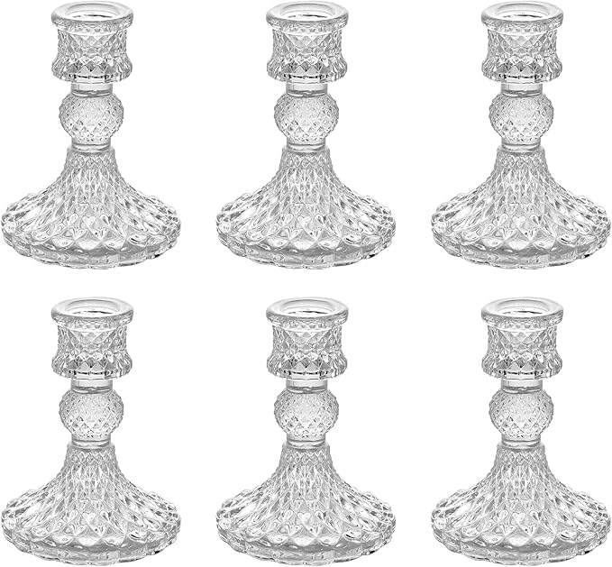 6 Pack Glass Taper Candlestick Holders, Clear Candlestick Holders, 4" H Crystal Candle Holders Decorative Candle Stand Centerpiece for Wedding, Festival, Dinning Party Table Decor