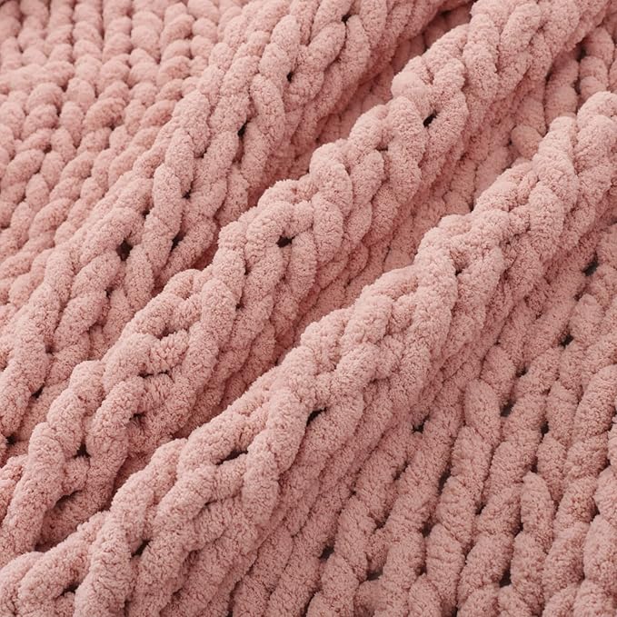 WESHIONGOO Chunky Knit Blanket Throw 40"×40" Knitted Throw Blankets for Couch Bed Fluffy Soft Blanket with Jumbo Chenille Yarn Thick 100% Handmade(Pink)