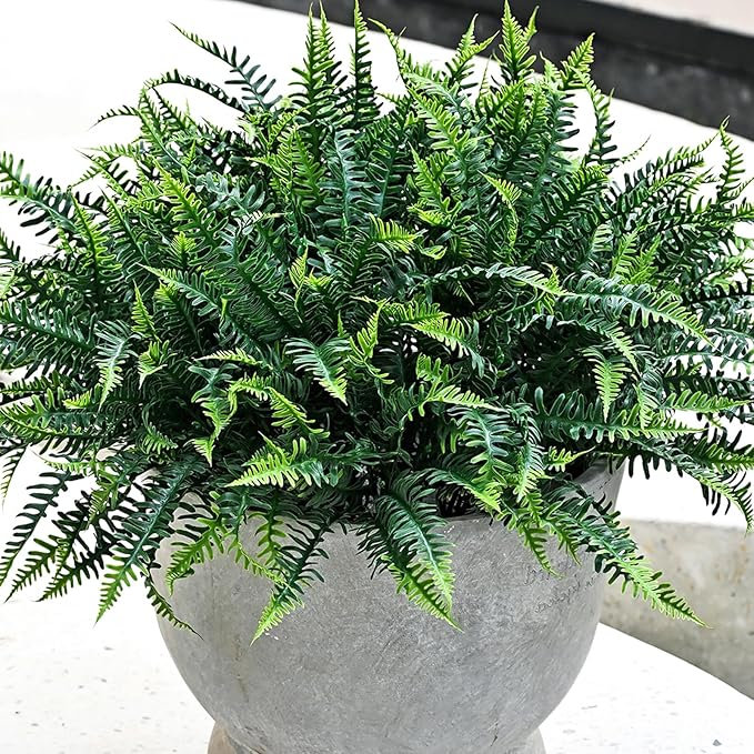 UV-Resistant Artificial Plants Faux Ferns – Certified Fade-Proof Outdoor Decor – Realistic Green Leaves Fake Greenery for Patio, Planters Front Porch Garden, and Landscaping 16 Bundles