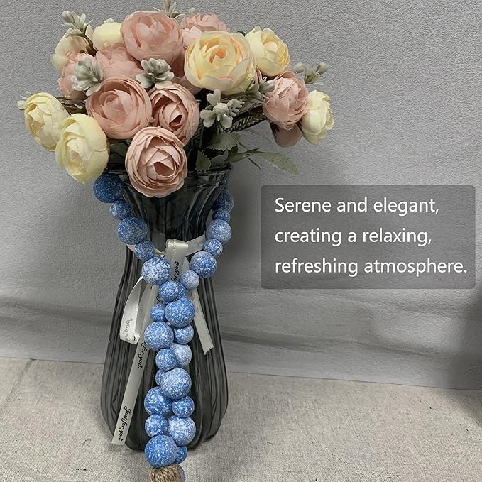 Handcrafted Farmhouse Wooden Decorative Beads Garland, Table Tray Boho Wood Beads with Tassel, Small Rustic Antique Decor for Home and Events (32" Rustic Light Blue)