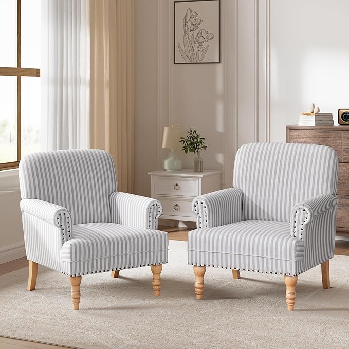HUIMO Linen Fabric Accent Chairs Set of 2, Mid-Century Modern Armchair with Solid Wood Legs, Single Sofa Chair,Upholstered Reading Club Chair (2, Light Grey and White Stripe)