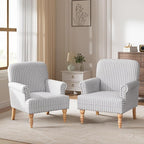 HUIMO Linen Fabric Accent Chairs Set of 2, Mid-Century Modern Armchair with Solid Wood Legs, Single Sofa Chair,Upholstered Reading Club Chair (2, Light Grey and White Stripe)