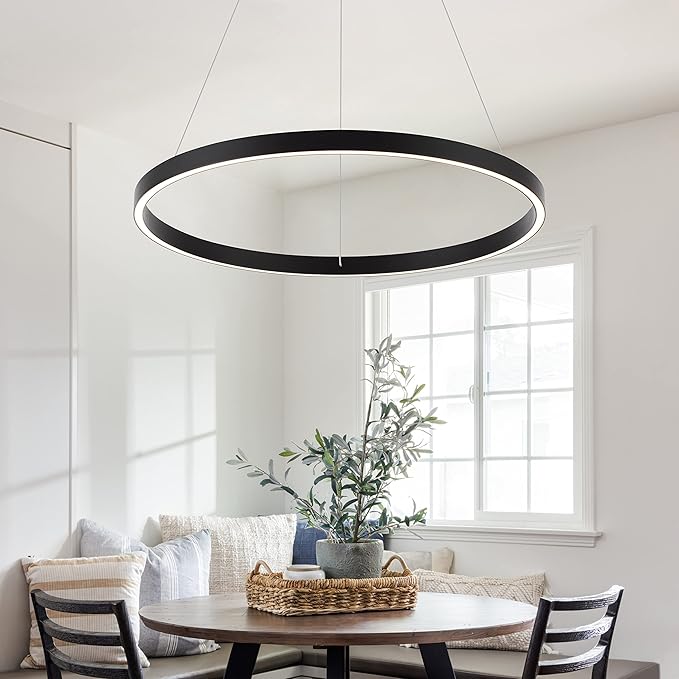 Modern Led Chandelier, 1 Ring Contemporary Led Chandelier Circular Pendant Light, Black Dimmable Hanging Ceiling Light Fixture for Living Room Dining Room Bedroom Kitchen