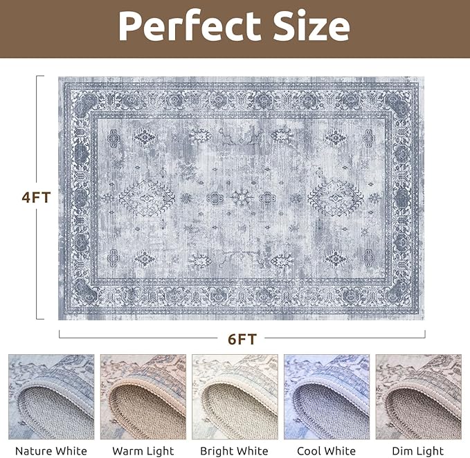 AMOAMI-Vintage Area Rug 4x6 Blue Rugs for Living Room-Soft Living Room Rug Non Slip Rugs for Bedroom Carpet Machine Washable Rug for Dining Room Bedside Office Room Decor