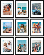 Vittanly 11x14 Picture Frames Set of 9, Shatter Resistant Plexiglass, Display 8x10 Pictures with Mat or 11x14 without Mat, Photo Frames for Wall or Tabletop, Engineered Wood, Black