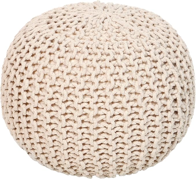 REDEARTH Round Pouf Ottoman - Cable Knitted Boho Poof - Home Décor Cord Pouffe Handmade Circular Footrest for Living Room - Bedroom - Kids Bedroom - 100% Cotton Pouf (18" x 18" x 14") - Ivory