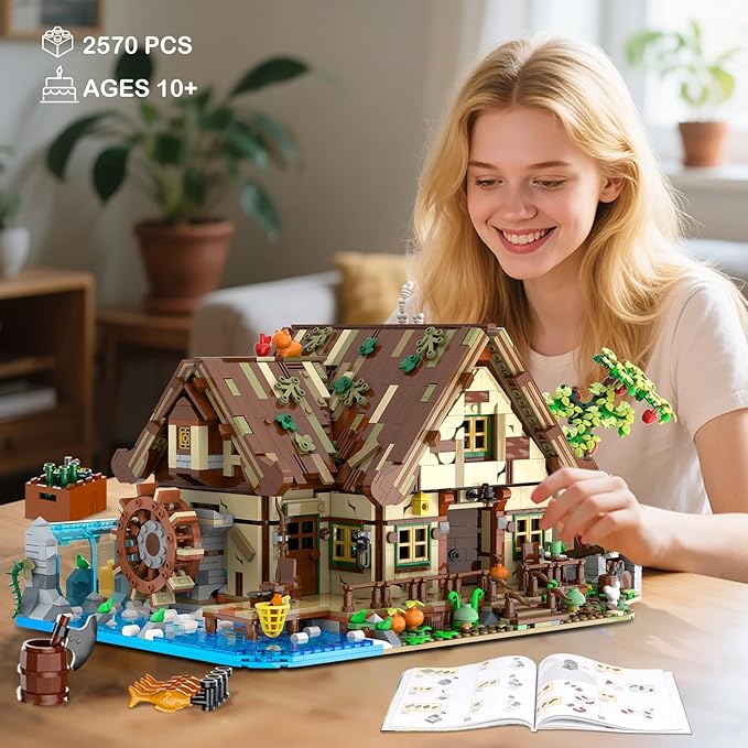 Wood Cabin Mini Building Set with Lights, Forest House Building Block Kit with Animals Stream Waterwheel, 2570 PCS Treehouse Construction Model Toy Collection for Adults Teens Boys Girls 12+