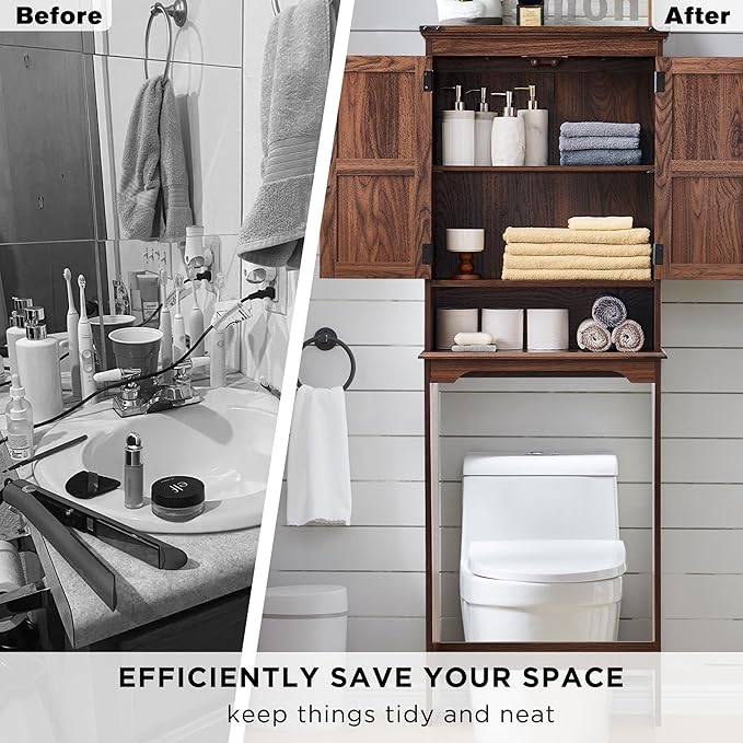 Over The Toilet Storage Cabinet, Farmhouse Bathroom Cabinet with Adjustable Shelf & Barn Door, 67" Tall Over The Toilet Shelf, Brown