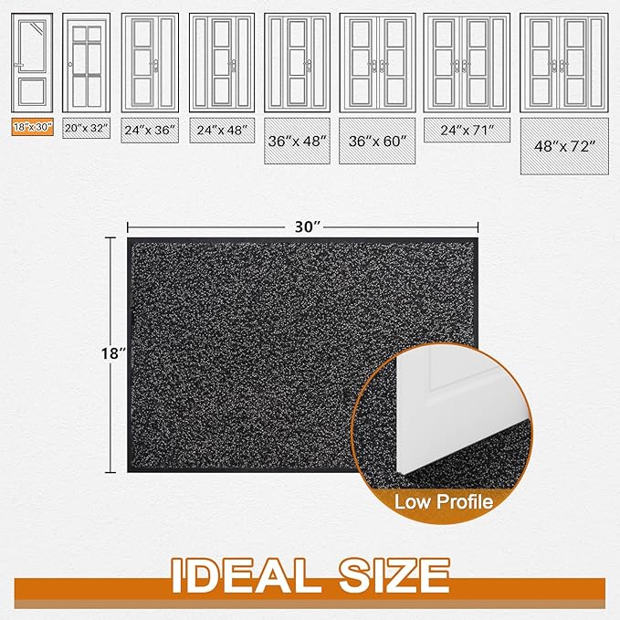 Mibao Front Door Mat, Dirt Trapper Welcome Mat for Outdoor Indoor, Non-Slip Waterproof Doormat, Durable Machine Washable Low Profile Entry Rug for Back Door Outside Patio Porch, 30" x 18", Black