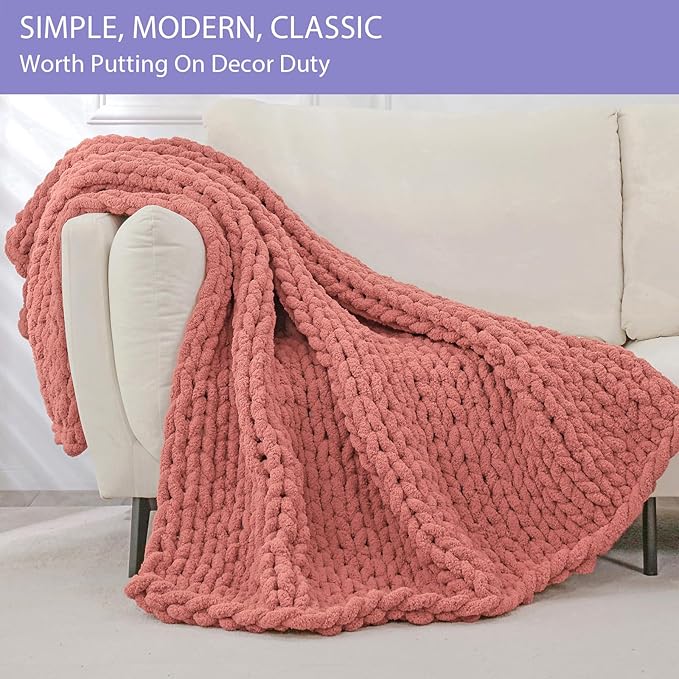 Bigacogo Chunky Knit Throw Blanket for Couch, 51x63 inches, 100% Hand Knitted with Thick Jumbo Chenille Yarn, Cozy Soft Large Rope Knot Cable Crochet Blankets for Sofa Bed Living Room, Antique Red