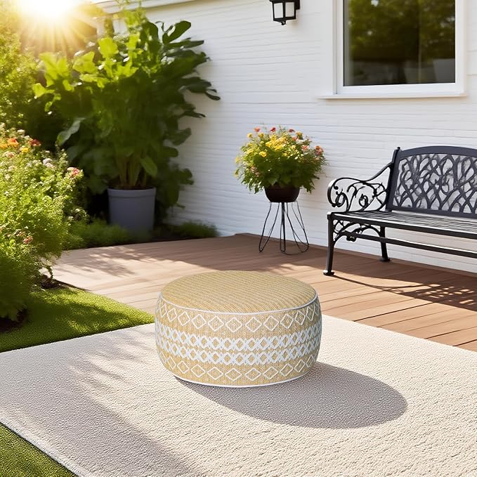 Outdoor Inflatable Ottoman with Air Pump, Embroidery Patio Footrest Stool D21”x H9”, Round Pouf Ottoman with Portable Handle Suitable for Garden, Camping, Bedroom, Living Room