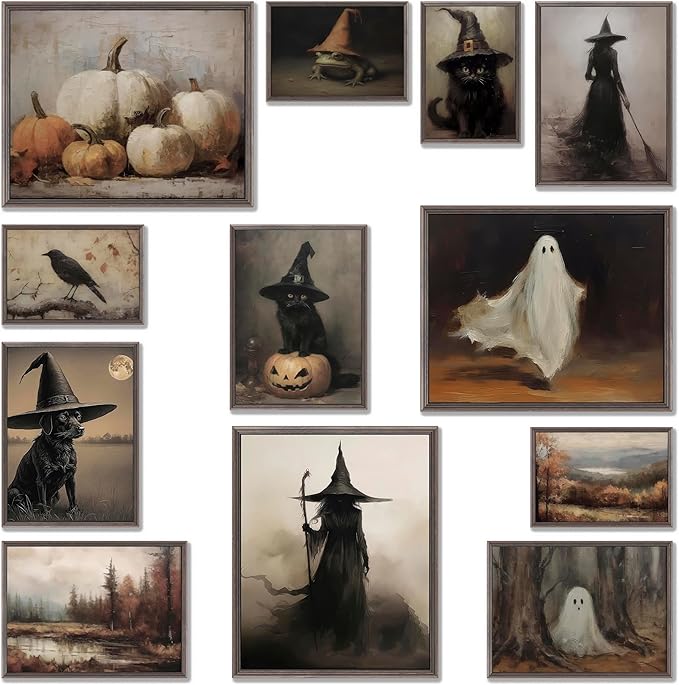 LANCHI95 12 Pcs Halloween Wall Art Prints, Vintage Witch Posters, Cute Ghost Pictures for Bedroom Decor (UNFRAMED)