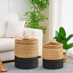 Wimarsbon Storage Pouf Ottoman, Hand Weaving Natural Straw Foot Stool, Bohemian Round Patio Ottomans, Rustic Lounge Pouffe, Outdoor Extra Seat for Garden (Nested Set-Black)