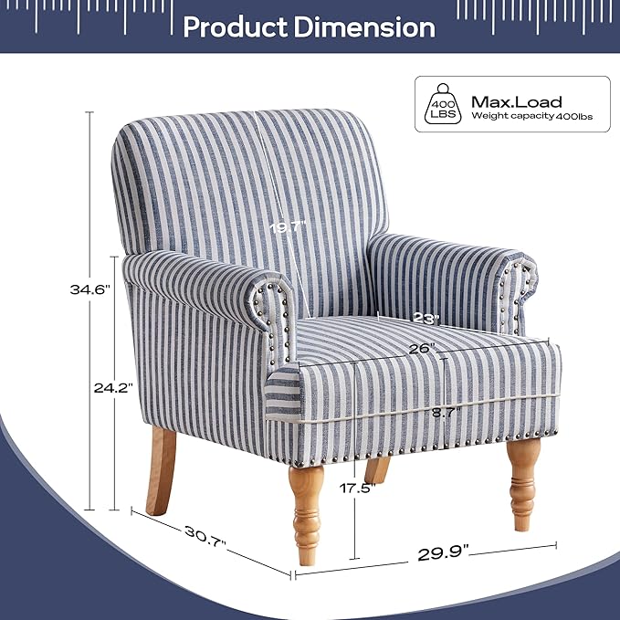 HUIMO Linen Fabric Accent Chair, Mid-Century Modern Armchair with Solid Wood Legs, Single Sofa Chair,Upholstered Reading Club Chair (1, Dark Blue and White Stripe)