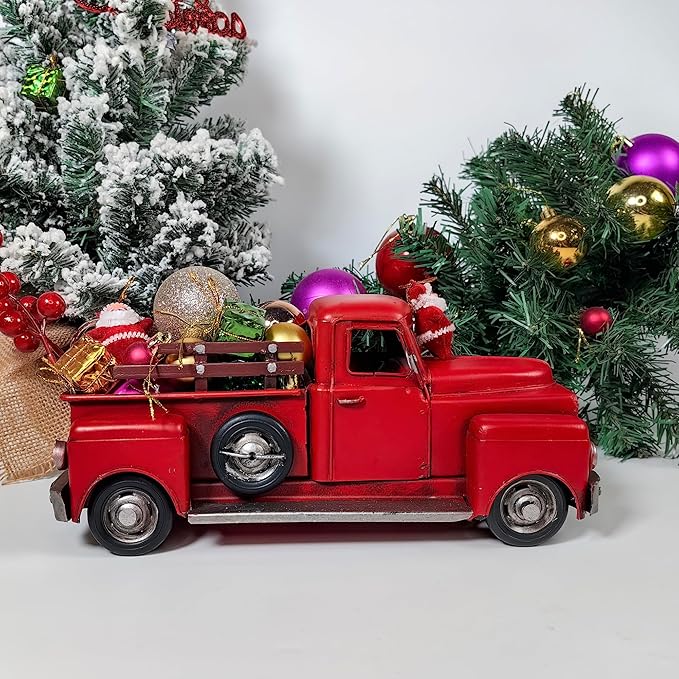 Berfutall-11'' Iron Classic Red Truck Pick-up Model Collectible Vehicle Decoration, Metal Truck Christmas Decor ，Unique Blend of Vintage, Rustic, Farmhouse Truck Decor for Table Top Decor. (A)