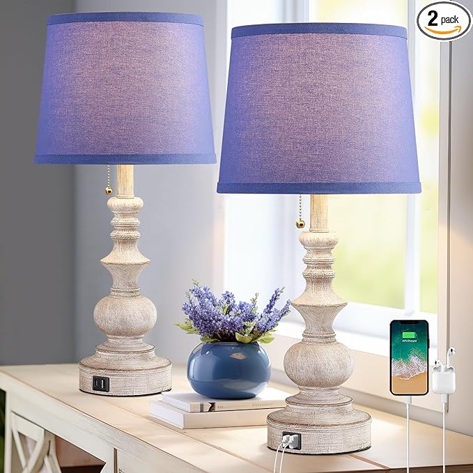 22'' Farmhouse Bedroom Table Lamps Set of 2 Bedside Nightstand Lamps with USB A/C Charging Ports Small Side Table Lamps for Living Room End Tables, Wooden Finish, Blue Shade, Bulb Not Included