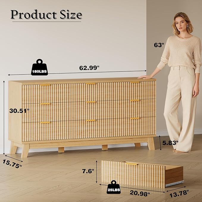 63" Long Dresser for Bedroom, 9-Drawer Fluted Dresser, Extra-Wide Wood Chest of Drawers with Smooth Metal Slides, Stable Base, Modern Clothes Storage Cabinet for Living Room, Hallway, Nursery