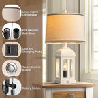 QiMH Table Lamp for Living Room, Farmhouse Lamps with USB A+C and Nightlight, 26" Rustic Bedside Lamps with 3-Way Dimmable Touch Control, Nightstand Lamp for Bedroom, White, 1 Pack